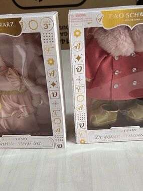 FAO Schwarz Baby designer peacoat & SParkle sleepware lot of 2 14" doll